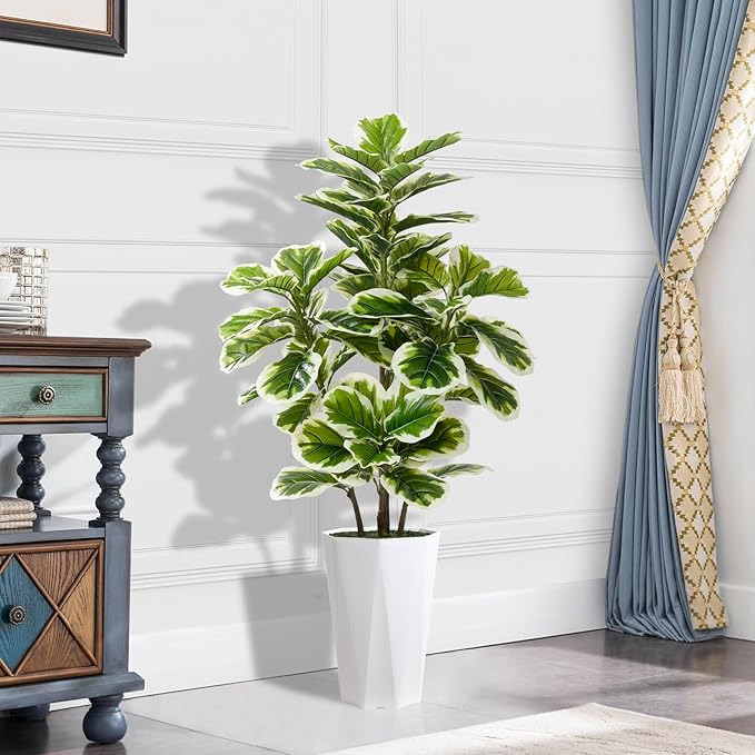 Artificial Fiddle Leaf Fig Plant Indoor 5FT Faux Rubber Tree with White Diamond Planter Tall Fake Floor Plant in Pot Artificial Trees for Home Office Living Room Decor Indoor