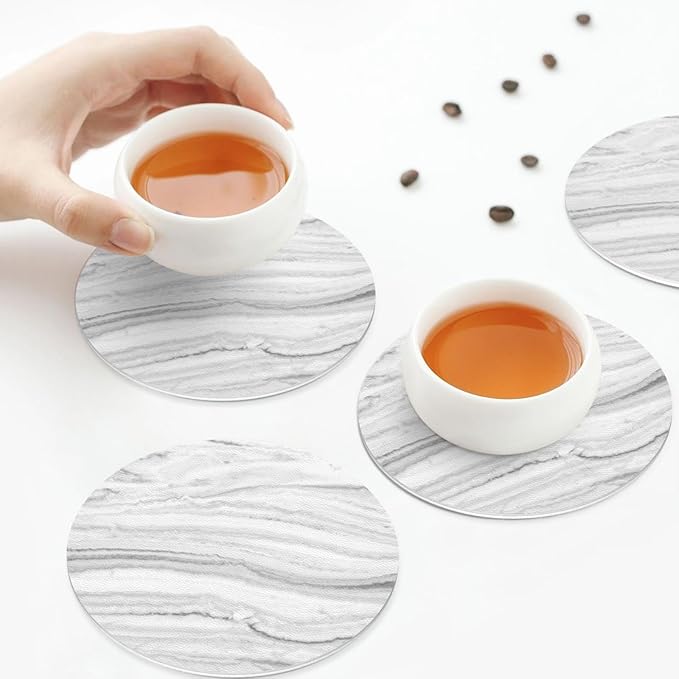 Grey Marble Coasters Set of 6 Coasters for Drinks Absorbent Double-Sided Leather PVC Coaster for Tabletop Protection Coffee Table Decor Ideal for Home Decor House Warming Gifts