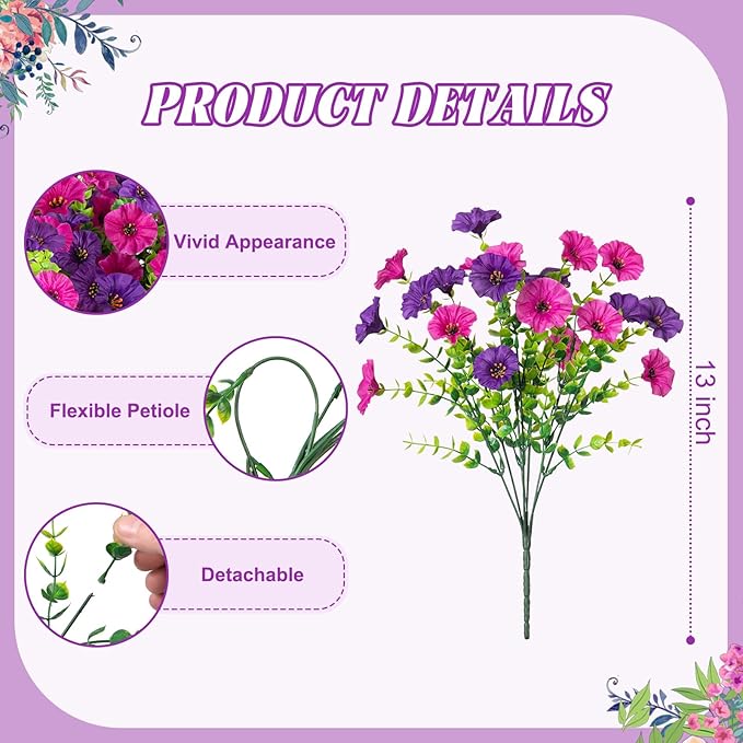 Artificial Flowers for Outdoors Decoration, 10 Bundles Fake Plastic Flower Plant, Faux Colorful Silk Morning Glory Petunias for Outside Garden Porch Front Door Decor, Purple