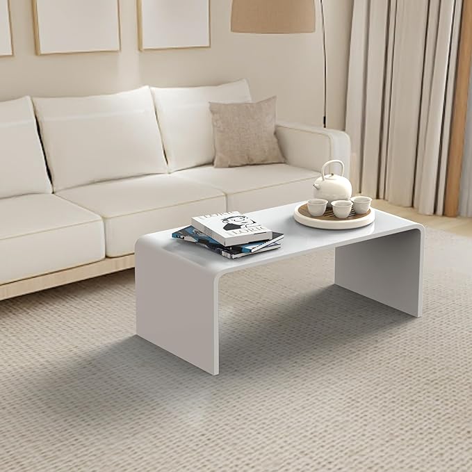 32 Inch Ceramic-Gloss White Waterfall Rectangle Coffee Table,Morden Afternoon Tea Table, Stubborn Stains Resistance,Easy Clean, Middle Size Table(32 * 16 * 16) fit for 2 seat Sofa