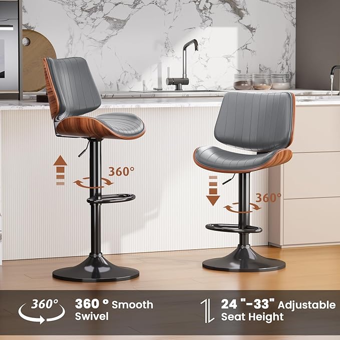 Swivel Bar Stools Set of 4, Adjustable Bentwood Barstools for Kitchen Counter, Modern PU Leather Upholstered Bar Chair with Back and Footrest, for Kitchen Island, Bar, Dining Room, Gray