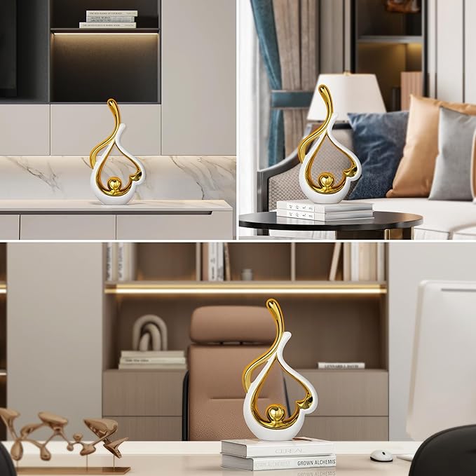 Gold Decor for Living Room, Abstract Sculptures Home Decor, Ceramic Statue Coffee Table Decor, Heart Shape Table Centerpieces for Dining Room, Modern White Sculpture Decor
