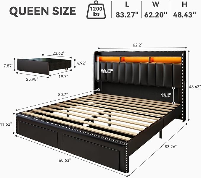 Torana Queen LED Bed Frame with 2 Drawers, PU Leather Upholstered Storage Wingback Headboard Beds, Channel Tufted Platform Bedframe with Rivet Decor, No Box Spring Needed, Black