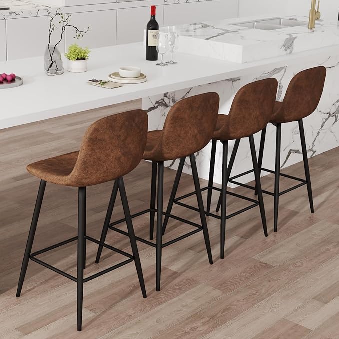 Counter Height Bar stools Set of 4, 24.6" Brown Kitchen Bar Stools with Back & Metal Footrest, Modern Island Chairs Set of 4 for Kitchens Island Home Bar