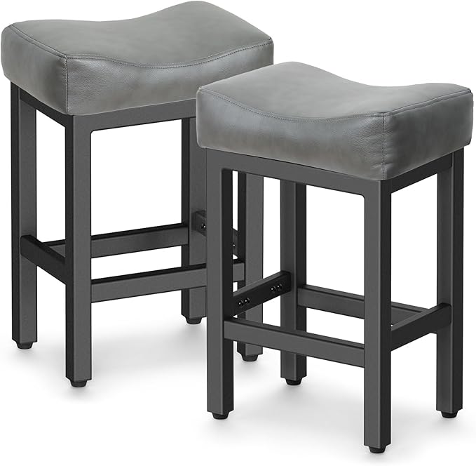 Counter Height Bar Stools Set of 2, 24 Inch Barstools for Kitchen Island Counter, Bonded Leather Kitchen Stools with Thick Saddle Seats & Heavy Duty Metal Base, Easy Assembly, Gray/Black
