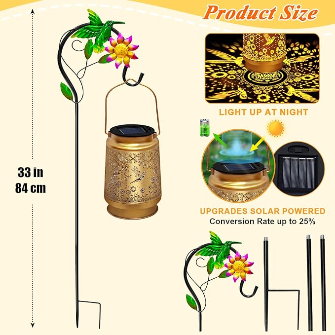 2 Packs Solar Lanterns Outdoor Waterproof with Shepherd Hook,Hummingbird Hanging Solar Lights Garden Decor,Christmas Decorations Birthday Gifts for Women Mom,Metal Bird Decorative for Yard,Patio,Lawn