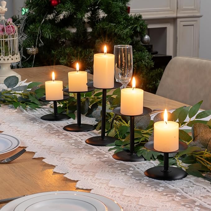 Homemory Holloween Fall Candle Holders for Pillar Candles Set of 5, Decorative Metal Candle Stands Pillar Holder Decor (Black)