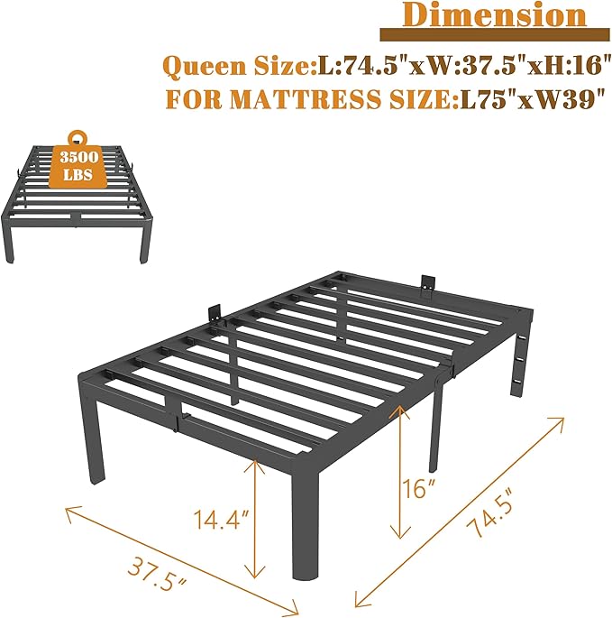 16 Inch Twin Bed Frames with Metal Baffles, Black Twin Metal Bed Frame No Box Spring Needed, Heavy Duty Steel Supprt to 3500LBS, Rounded Corner Design, Noiseless, Easy Assembly