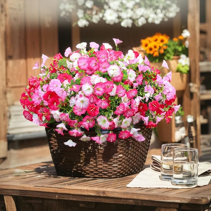 8 Pcs Artificial Hanging Flowers for Outdoor, Fake Silk Petunias Plants Arrangement, for Spring Summer Outdoor Decoration, UV Resistant, Morning Glorias, for Home Garden Decor (Dark Pink&White)