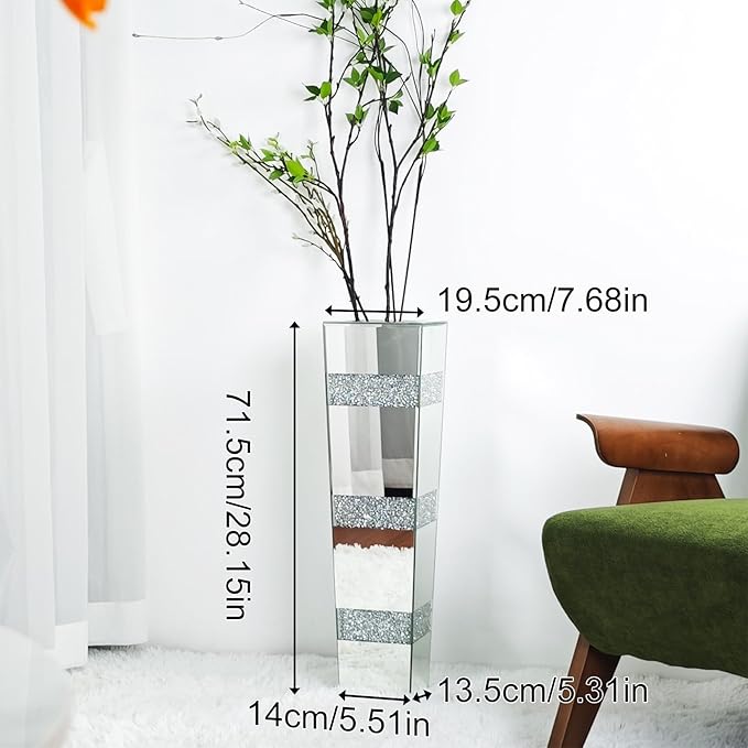 Crushed Diamond Mirror Vase: 28.15 inches High Silver Crystal Geometric Bling Decor for Luxury Home Centerpieces Livingroom Wedding Decor, Won't Hold Water