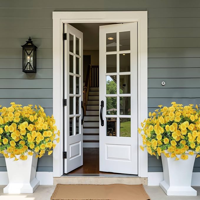 Ouddy Decor 24 Bundles Artificial Flowers for Outdoors Decoration Fake Silk Morning Glory Flowers Faux Eucalyptus Plants UV Resistant for Porch Patio Garden Spring Summer Home Decor, Yellow