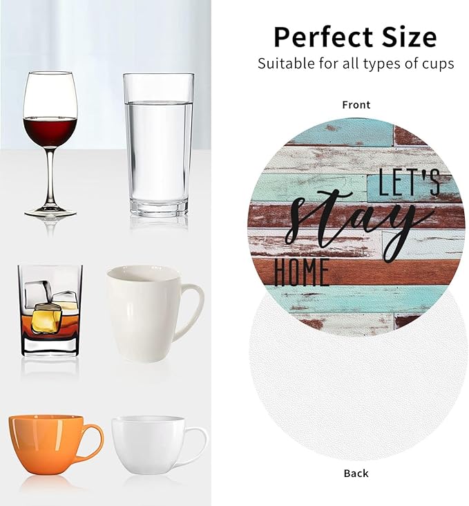 Farmhouse Wooden Home Coasters Set of 6 Coasters for Drinks Absorbent Double-Sided Leather PVC Coaster for Tabletop Protection Coffee Table Decor Ideal for Home Decor House Warming Gifts