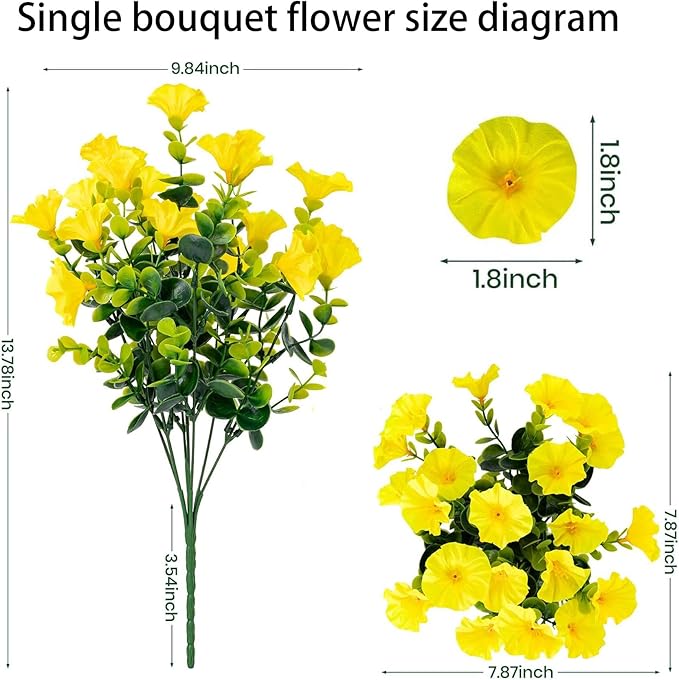 Artificial Outdoor Flowers 16 Bundles Fake Morning Glory Flower Outdoor UV Resistant Plastic Faux Flowers Plants for Decoration Indoor Outdoor Hanging Window Box Planter Home Porch Decor (Yellow)
