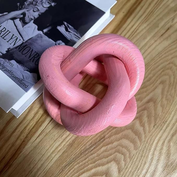 Wood Knot Decor -Coffee Table Decor Shelf Decor Table Books Hand Carved Home Decoration Boho Country Rustic Modern Shabby Chic Style Decor 3 Link Wooden Knot Chain Link Decor (Pink)