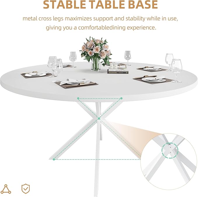 47.24" Round Dining Table, Modern Dining Room Table for 4-6 Person, Wood Round Kitchen Table with Metal Legs, Round Coffee Table for Home Dining Room Living Room (White)