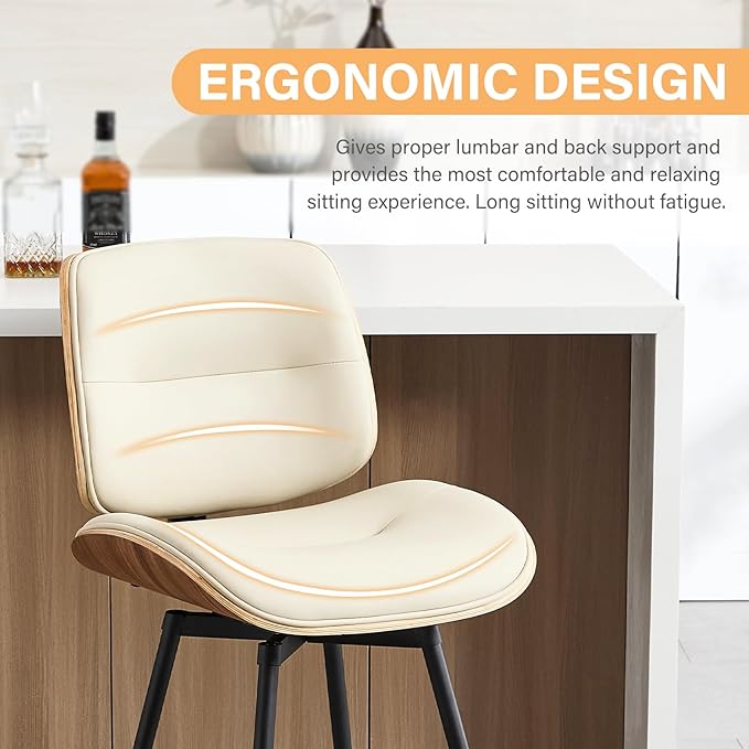 Mid Century Modern Counter Stools Set of 2, 27" Swivel Bar Stools with Metal Legs, Faux Leather Upholstered Bar Chairs with Footrest for Kitchen Island & Dining Tables, Beige