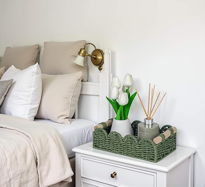 CubesLand Scalloped Decor Basket for Living Room, Home, Bathroom, 2SAME SIZE Paper Rope Basket, Toilet Storage Baskets for Over Toilet Storage Shelf, Cozy Woven Basket Both Storage&Decor, Green