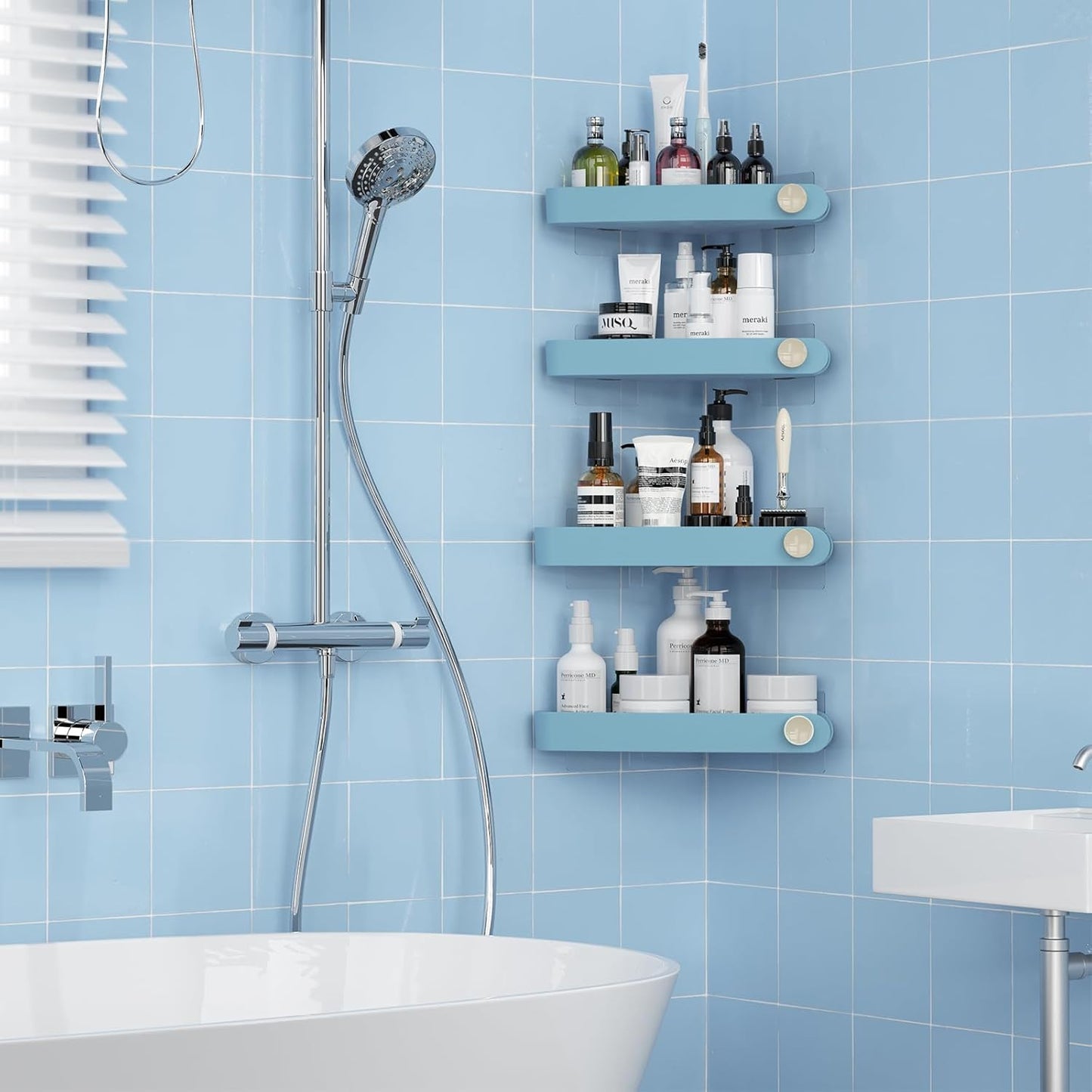 Sotfamily Shower Caddy Corner, 4 Pack Adhesive Corner Shower Shelves for Bathroom Organizers and Storage, Rust Free Plastic Rack for Bathroom Accessories & Decor, Light Blue