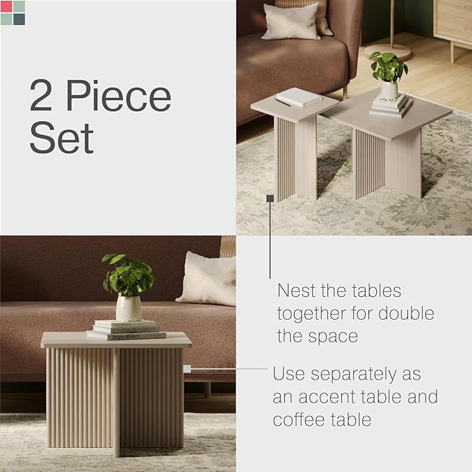 Square Fluted Nesting Coffee Table Set - Weathered White Square Top & Fluted Oak Base - Wood Grain Veneer Top, Stable on Uneven Floors & Easy Assembly - Living Room Table Set