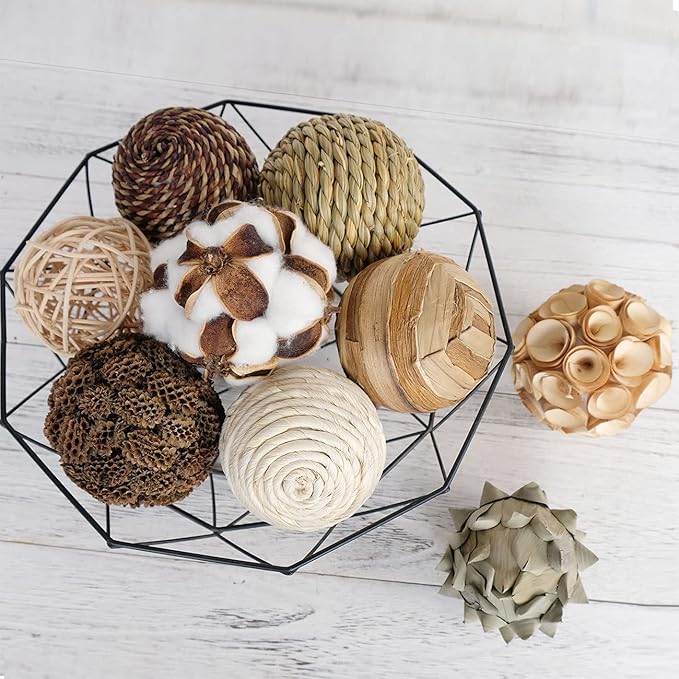 Decorative Balls Spherical Assorted 9pcs Brown White Orbs Rustic Natural Twig Rattan Woven Cotton Balls for Vase Bowl Filler Tabletop Decor Home Party Wedding Display
