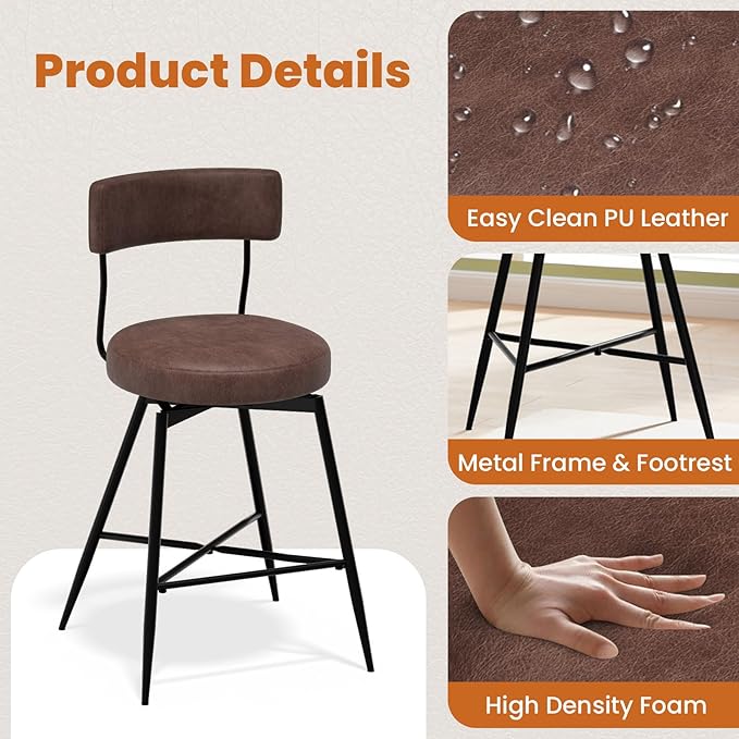 Swivel Counter Height Bar Stools with Back, 29 Inch Black PU Leather Upholstered Kitchen Bar Chairs for Kitchen Counter Island, Dining Chairs with Footrest Metal Legs