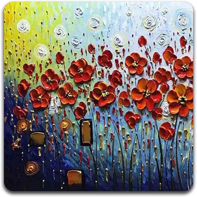 Red Oil Painting Square Coaster Set - Made of Recycled Rubber - Set of 4