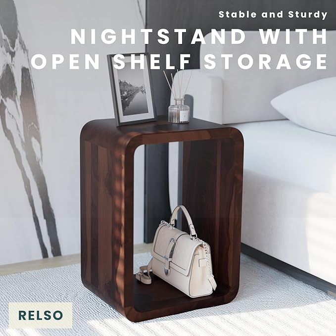Relso Aurora End Table Solid Sheesham Wood Nightstand with Open Shelf Storage, Walnut Finish Bedside Table, Side Table for Bedroom, Living Room, Entryway, Small Spaces, Accent Bookshelf