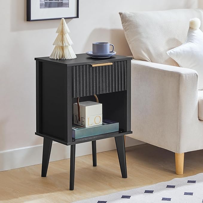 End Table, Fluted Night Stand, Modern Side Table, Bedside Table with 1 Drawer and 1 Open Compartment, Mid Century Nightstand, for Living Room, Bedroom, Study, Office, Black ETBK6201