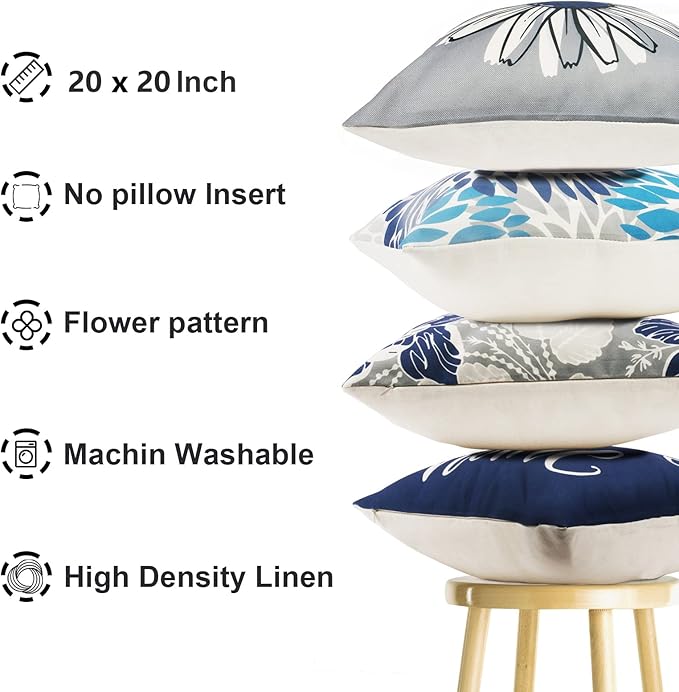 Decorative Throw Pillow Covers 20x20 Inch Pillow Covers Set of 4 Blue Pillow Cover Linen Square Pillow case,Farmhouse Throw Pillow Cover Outdoor Pillow Covers for Couch Sofa Living Room