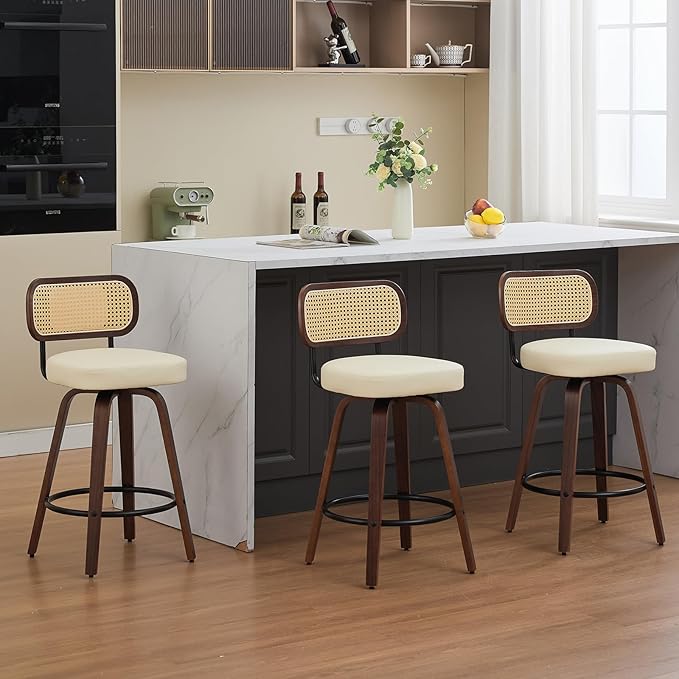 Swivel Counter Height Bar Stools Set of 3, 26 inch Bar Chairs with Curved Rattan Back, Upholstered PU Leather, Walnut Craftsmanship, Mid Century Modern Counter Stools for Kitchen Counter, Beige