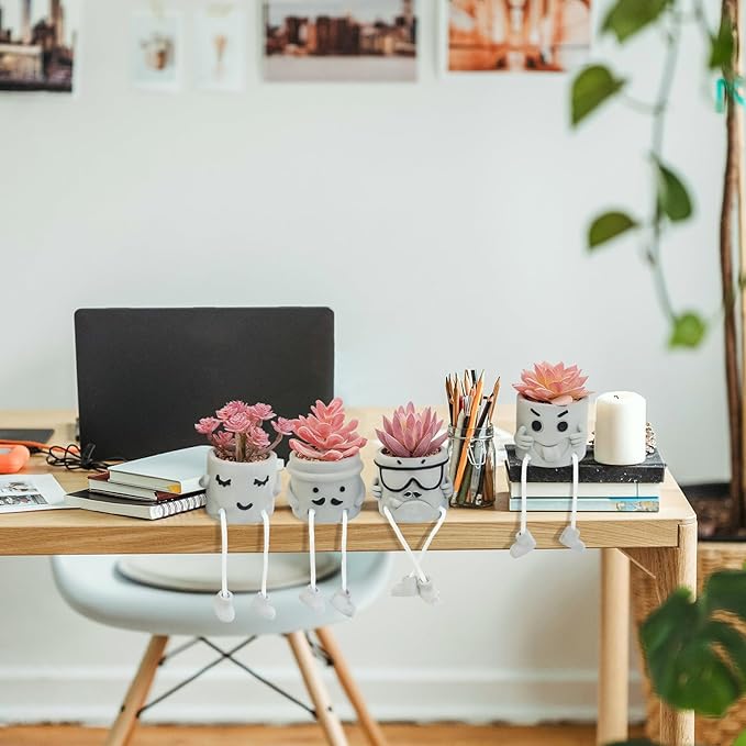 Set of 4 Artificial Potted Mini Succulent Plants - Small Fake Succulents in Hanging Leg Cement Pots, Desk/Bathroom/Bookshelf/Wall Decor for Home Office, Cute Office Decor for Women (Pink)