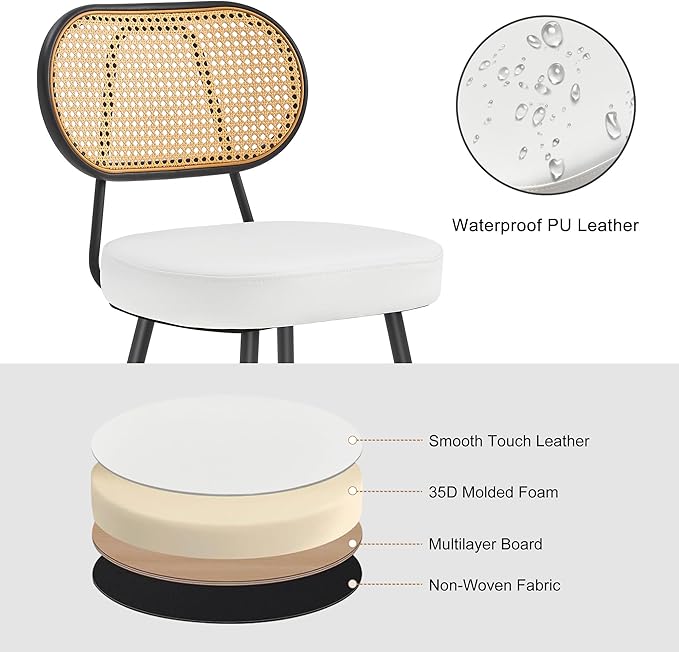 BFZ Counter Height Bar Stools Set of 4, 26" Seat Height Barstools with Rattan Back and Metal Legs, Upholstered Faux Leather Bar Chairs for Kitchen Island, Home Bar, Beige