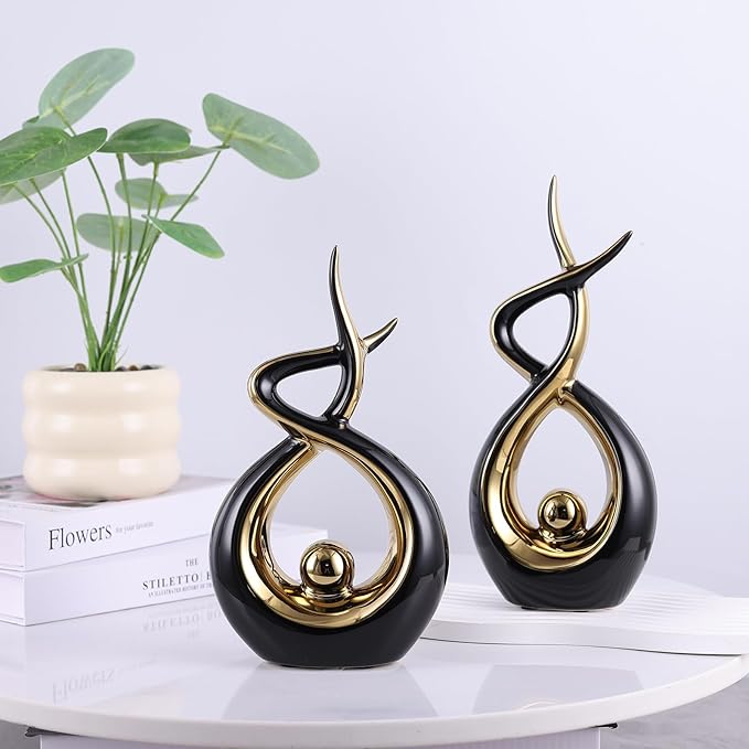 Gold Black Modern Sculpture Table Decorations, Ceramic Knick Knacks Statues for Living Room Decor, Tv Stand and Desk Decor, Suitable for Coffee Tables and Shelf Decorations, Great Gift Idea