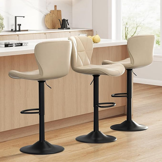 Bar Stools Set of 3,Adjustable Swivel Barstools, Faux Leather Bar Chairs,Upholstered Counter Height with High Backrest for Kitchen Island, Khaki