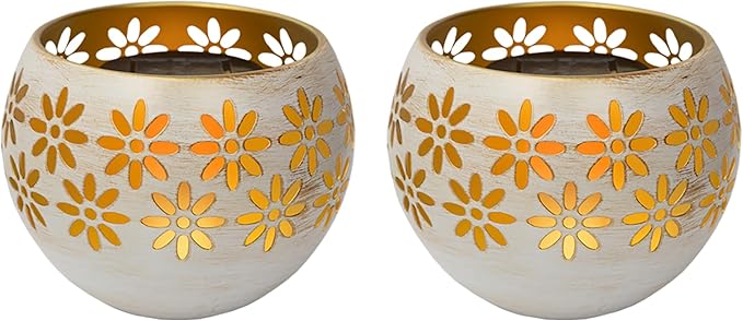 5.4" (2-Pack) Outdoor Waterproof Solar Lanterns - Metal Porch Lights with Flickering Flame for Tabletop, Patio, Garden & Landscape Décor (White)