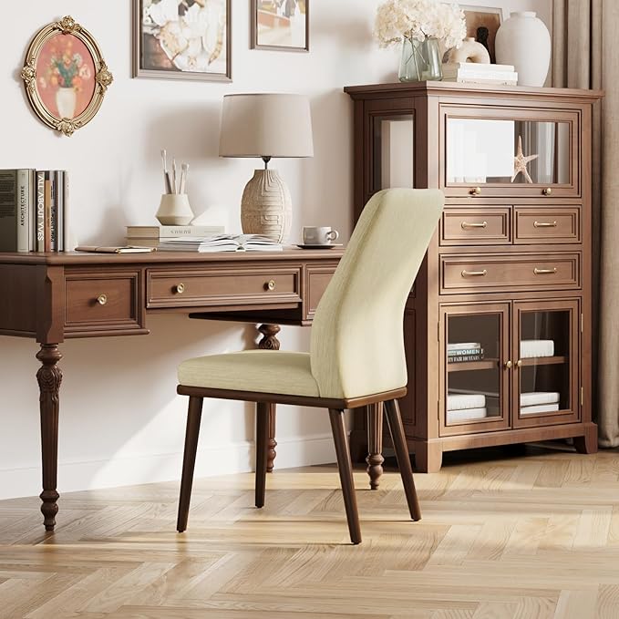 Modern Dining Chairs Set of 4, Upholstered Kitchen Chairs with High Back, Padded Fabric Dining Room Chair with Solid Wood Legs for Restaurant/Cafe/Home, Beige