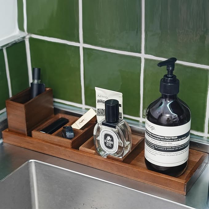 Wood Vanity Tray, 6-Piece Small Bathroom Counter Organizer Wooden Decorative Trays Rectangular Perfume Jewelry Makeup Cosmetic Holder Set - Holds Small Items