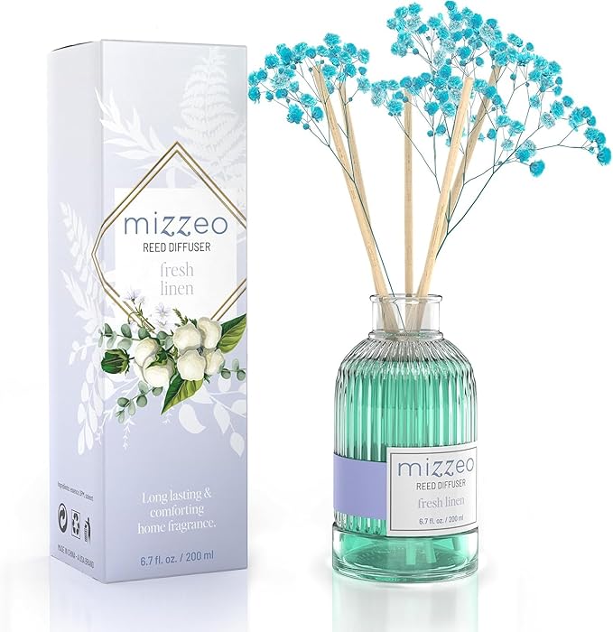 MIZZEO Reed Diffuser Set, Fresh Linen 6.76 fl oz Highly Scented Room Diffuser Home Fragrance Essential Oil Reed Flower Diffuser, House Bedroom Office Decor & Gifts