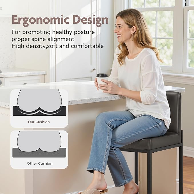 ALPHA HOME 24 Inch Bar Stools Set of 3 Kitchen Counter Stools with Back Pu Leather Counter Chair Counter Height Bar Stools with Upholstered Footrest Sturdy Chromed Metal Steel Frame, Grey