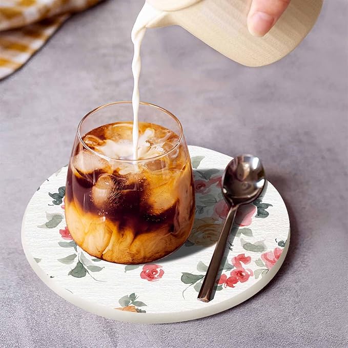 Pastel Roses Watercolor Anti Slip Coasters Beautiful Colorful Blossom Botanical Cups Place Mats for Table Home Decor 4 Inches Living Room Kitchen Coffee Table,2 Pcs