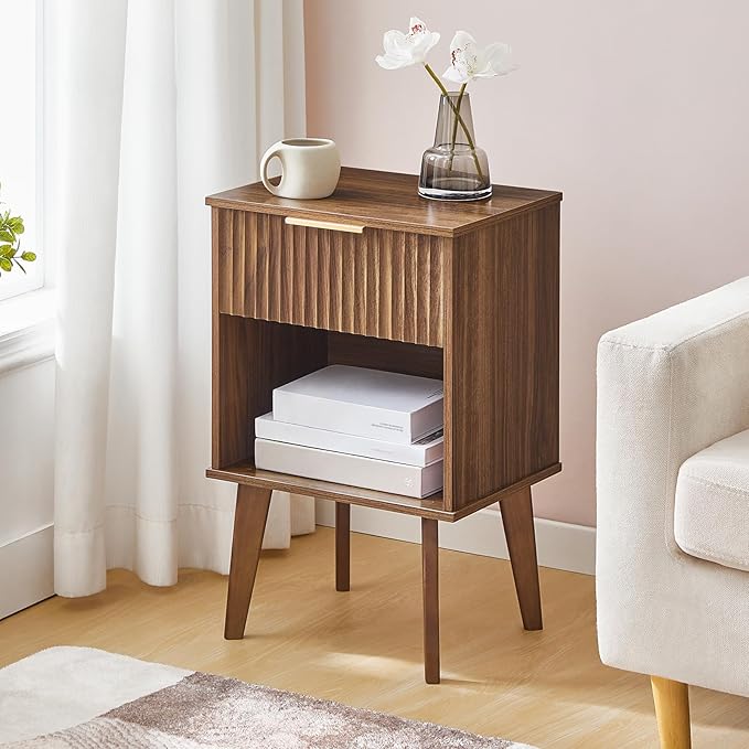 End Table, Fluted Night Stand, Modern Side Table, Bedside Table with 1 Drawer and 1 Open Compartment, Mid Century Nightstand, for Living Room, Bedroom, Study, Office, Walnut ETWA6201