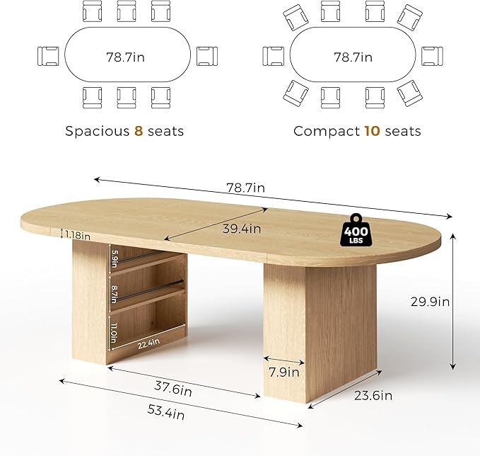 78.7" Dining Table for 6 8 10, Modern Dining Room Table with Storage, Wood Kitchen Table with Heavy Duty Legs, Dinner Tables for Kitchen Dining Room (Natural)