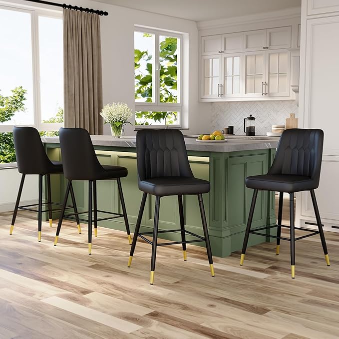 27" Bar Stools Set of 4 - Black Counter Height Bar Stools Set of 4,Faux Leather Kitchen Island Stools with Sturdy Chrome Metal Leg,Counter Height Stools with Backs,Easy to Assemble
