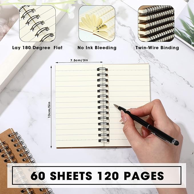 100 Pcs Spiral Memo Pads 5 x 3'' Small Pocket Spiral Journal Notepad Ruled Notebook Sketchbook Kraft Cover Notebooks, 120 Pages for Note Taking Business Office School Supplies (Kraft Color)