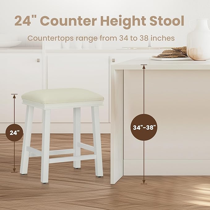 PHI VILLA White Bar Stools Set of 4 - Solid Wood Legs Counter Height Barstools, 24 inch Kitchen Counter Island Stools