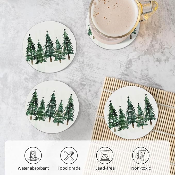 Christmas Xmas Tree Coasters for Drinks Absorbent Ceramic Coaster Set of 4 for Coffee Table Cup Bar Coasters with Cork Base Round Stone Mats Holiday Housewarming New Home Decors