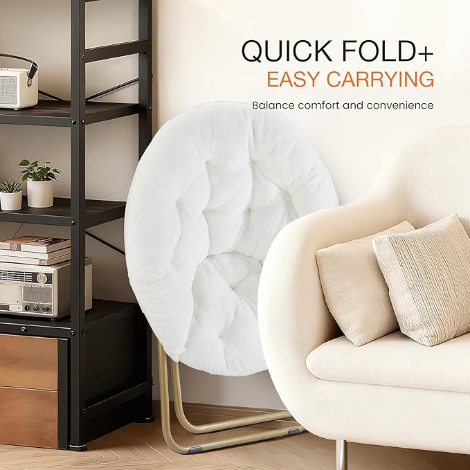 NEWBULIG Comfy Saucer Chairs Soft Lounge Cute Folding Bedroom Living Room Seat Flexible Reading Foldable Seating for Adults Thick Padded Metal Frame Modern for Home Office White