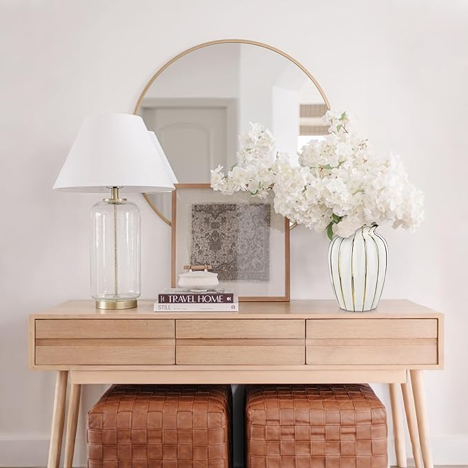 White & Gold Ceramic Flower Vase - 7.8" Modern Vertical Stripe Pottery Wave Vase | Ribbed Textured Flower Vase for Home Decor Bedroom Office Living Room Bathroom Table Centerpiece