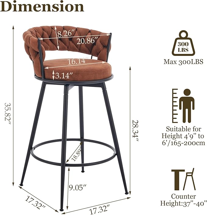 Brown Bar Stools Set of 3, 28 Inch Barstool with Metal Legs, 360° Swivel Counter Height Bar Stools with Woven Back Leather Upholstered, Modern Chair for Kitchen Island, Cafe