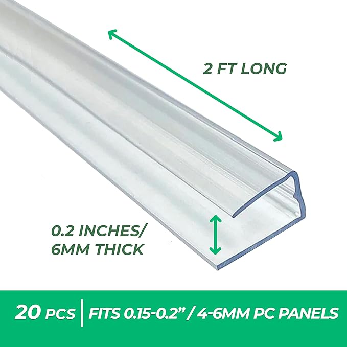 Polycarbonate Greenhouse Panels U Connector - 20 Pieces, 2ft Length, Prevent Dust, Rain & Moisture from Getting into Twin-Wall Panels, Fit 6mm or 4mm (0.2 in) Panels (U Connectors 6mm-2ft)